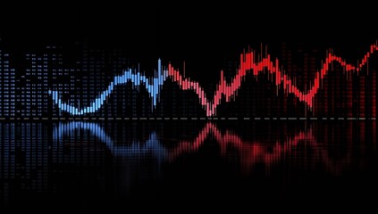 Aufkleber - Dynamic soundwave visualization featuring red and blue tones with reflections on a black background : Generative AI