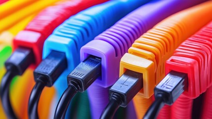 A dynamic array of colored electric cables and glowing LED fibers intertwine, creating a futuristic backdrop for technology and innovation.