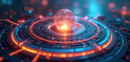 Poster - Tech sphere hovers over intricate, glowing circuit board. Concept for technology-themed Labor Day. Artificial intelligence, machine learning, cyberspace, automation symbolize progress, digital