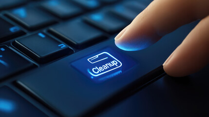 Digital Cleanup Finger Pressing Illuminated Cleanup Button on Dark Keyboard