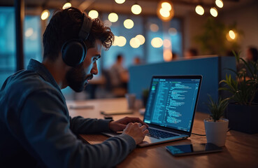Fototapete - Developer with headphones writes code on laptop working remotely. Programmer engineering software, server, database, network, processor, system. Freelance man coding cyberspace, program on screen.