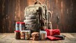 © Sawitri - Well-Organized Emergency Food Supply Survival Kit on a Rustic Wooden Table for Preparedness and Outdoor Adventures