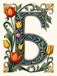 © John - Illuminated initial Alphabet with curve leaf ornament and tulips. Medieval dim colored fancy drop cap logos.