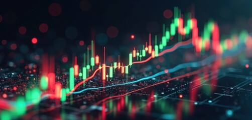 Leinwandbilder - Abstract image of green candlesticks rising over circuit board reflecting crypto value increase. Graphical representation of past price movements over time. Red candlesticks going down. Global