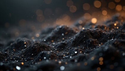 Aufkleber - Grainy black dust texture with light bokeh effect. Abstract dark textured design with sand particles, dirt. Grimy distressed overlay, splash pattern graphic resource for vintage design, creative