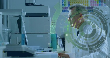Canvas Print - scientist working in laboratory with digital data processing animation overlay