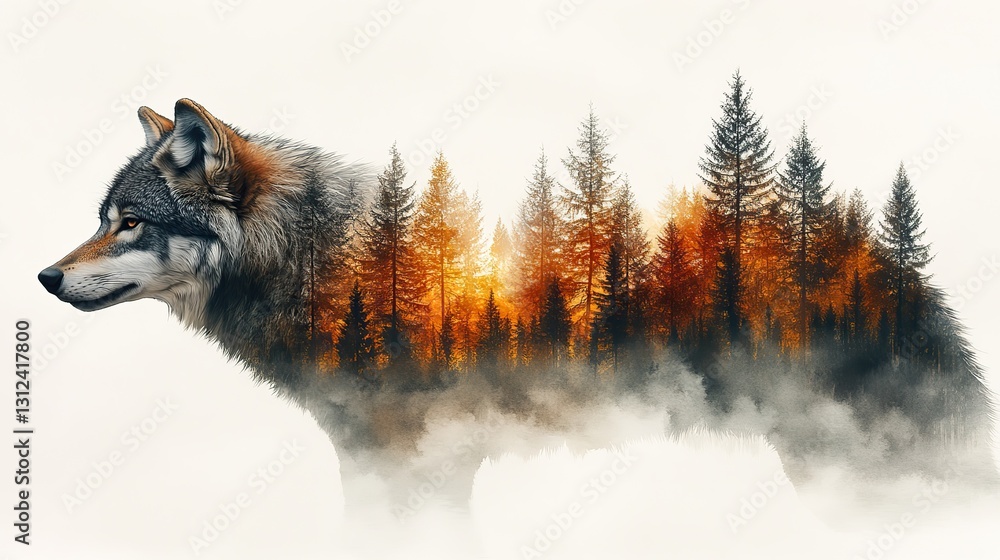 double exposure wolf and forest clipart watercolor illustration ...