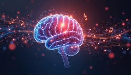 Aufkleber - Illustration of human brain pulsating with musical energy, notes. Visualizes music effect on brain activity, creativity boost. Glowing lines connect to brain. Conceptual tech art for listening