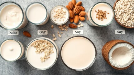 an array of different dairy alternatives are displayed like oat, soy, coconut and nut milks.