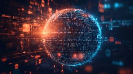 Digital globe surrounded by binary code, symbolizing interconnectedness and globalization. Technology and connectivity concept