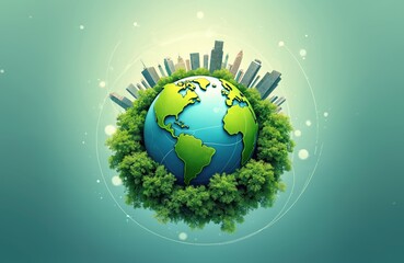 Aufkleber - Abstract illustration of green Earth globe with trees, city buildings. Environmentally sustainable world with modern urban development for ecology, nature conservation, SDGs goals achievement, ESG