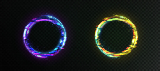 Leinwandbilder - Set of futuristic circular effects with shimmering transitions. Abstract round frames for black background. Vector