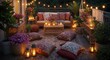 © SHERLY - Cozy Outdoor Patio with Pillows, Lanterns, and String Lights at Night
