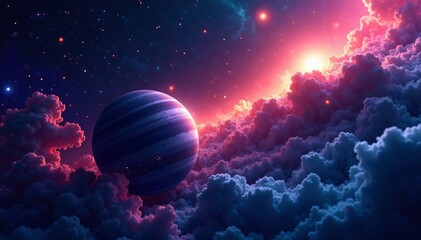 colorful planets and glowing comet in a starry space background, outer space, planets, stars