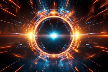 Wall Mural - an abstract, circular element radiates vibrant orange and blue glows, creating a dynamic sense of en