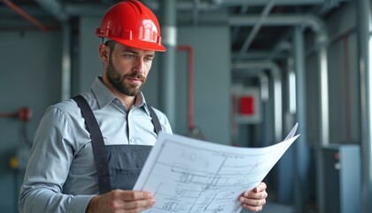 Safety engineer in red hard hat examines blueprint. Construction worker planning secure installations. Professional inspects fire alarm system project at worksite, reviews safety standard framework.