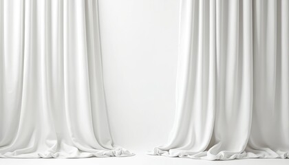 Aufkleber - Front view of white textile curtains isolated. Elegant fabric drapes in studio shot. Luxury interior design element with soft folds, modern window decor, home and stage background.