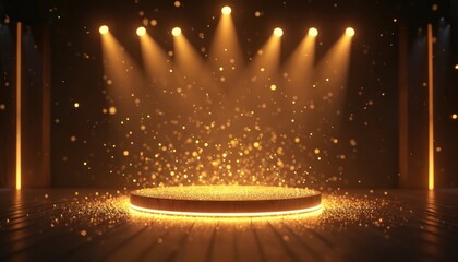 Wall Mural - Golden stage podium with neon spot lights flashing. Luxury festive scene background. Decoration element, space for product, award ceremony backdrop. Perfect for holidays, christmas, new year