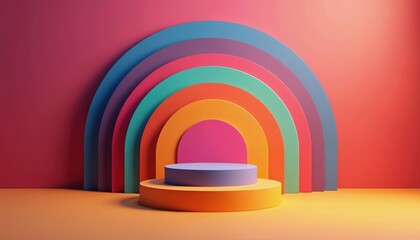 Fototapete - Abstract scene with vibrant multicolored geometric shapes, podium stage. Minimal concept, mockup template for product presentation with copy text space. Beautiful showcase platform with rainbow arch.