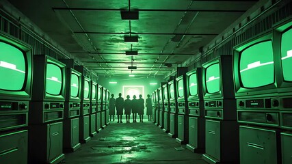 Dark underground hallway lined with green-lit computer servers in a data center
