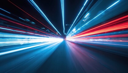 Aufkleber - Night city traffic lights trails. Abstract background of red, blue and white light motion blur on the road. Urban cityscape scene with glowing vehicle lights in twilight. Long exposure photo.