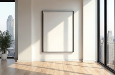 Poster - Blank frame hangs on white wall in modern office space overlooking cityscape. Large window view. Empty poster mockup template for business presentation, art gallery showcase. Pot with plant, parquet