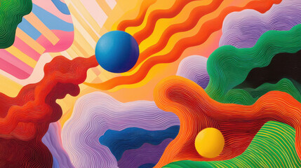 Wall Mural - Vibrant abstract art featuring colorful waves, spheres, and dynamic shapes