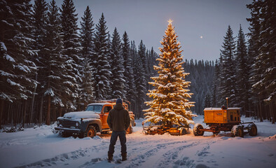 Poster - Man stands in front of a Christmas tree in a snowy forest. The scene is peaceful and serene, with the man looking up at the tree with a sense of wonder and awe