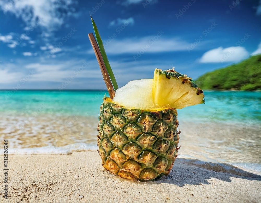 Piña colada en un piña en la orilla de una playa paradisiaca de aguas ...