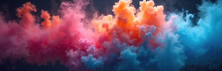 Leinwandbilder - Colorful cloud of smoke with pink, orange, blue tones on dark background. Polychromatic multicolored fog concept. Abstract rainbow spectrum effect backdrop for banner, creative projects, design.