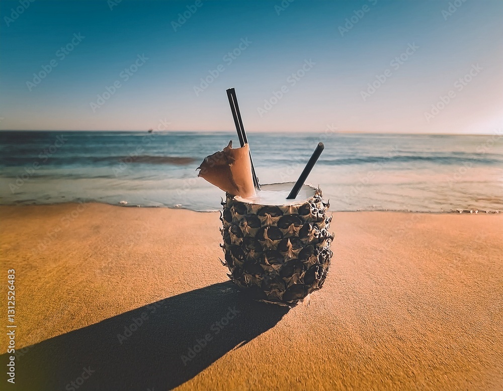 Piña colada en un piña en la orilla de una playa paradisiaca de aguas ...