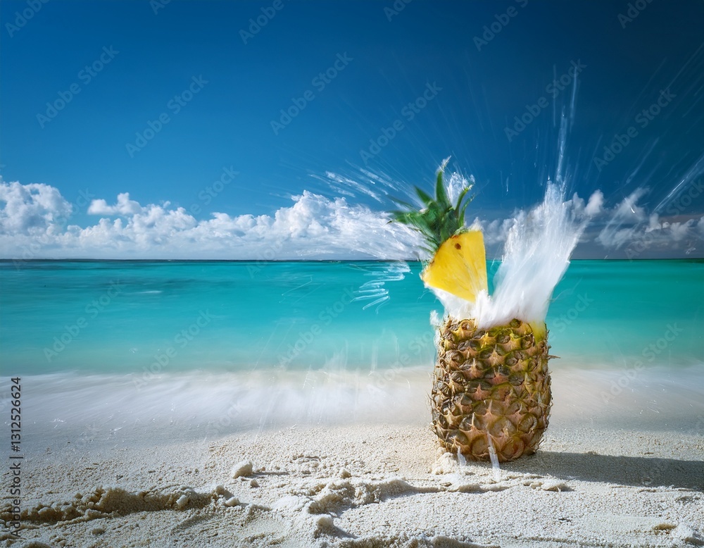 Piña colada en un piña en la orilla de una playa paradisiaca de aguas ...