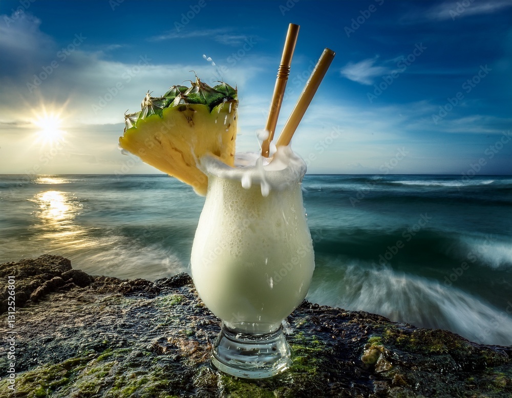 Piña colada en un piña en la orilla de una playa paradisiaca de aguas ...