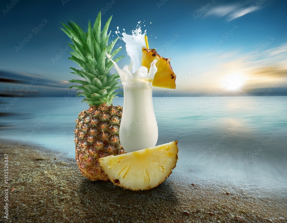 Piña colada en un piña en la orilla de una playa paradisiaca de aguas ...