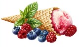 Ice Cream Cone With Berries and Mint Leaves