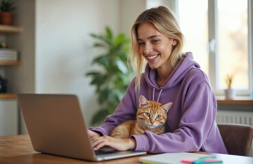 Aufkleber - Smiling woman works from home with orange cat, using laptop in violet hoodie. Girl learning online, chatting, freelance, distance work. Happy businesswoman browses, studies and types.