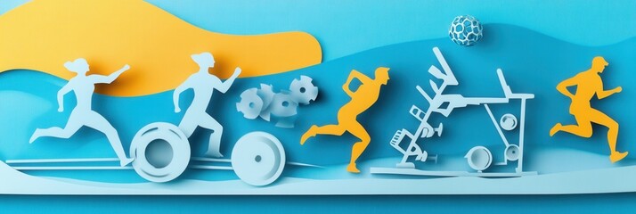 Poster - Dynamic paper cutout illustration showcasing running figures and gym equipment in an energetic sports theme