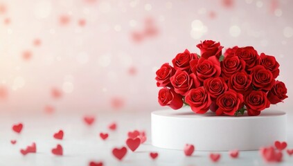 Wall Mural - 3D podium with red roses in the shape of a heart on top, against a white and pink background with scattered hearts
