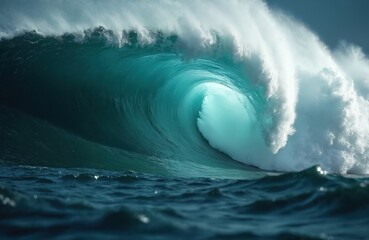 Aufkleber - Huge ocean turquoise barrel wave with foam crest. Sea water motion, natural sunlight. Seascape natural power underwater motion background. Perfect for surfing extreme water sports banner backdrop.