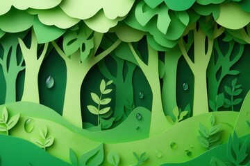 Aufkleber - Vibrant paper cutout illustration of lush green trees and delicate leaves in an eco friendly design promoting sustainability themes