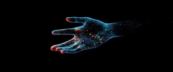Digital Hand Reaching Wireframe, Blue and Red Glow, AI Concept AI, Digital Art