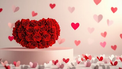 Wall Mural - A round podium with red roses in the shape of a heart on top, surrounded by white and pink paper hearts scattered around