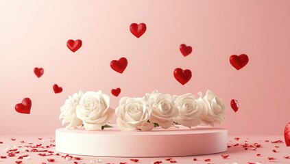 Wall Mural - A round podium with white roses and red heart-shaped confetti, creating an elegant display for Valentine's Day or special events
