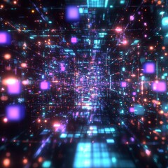 Fototapete - Abstract Data Stream: Futuristic Digital Network with Glowing Nodes and Complex Connections