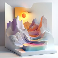 Poster - Abstract Sunset Landscape - Modern Architectural Rendering with Layered Mountains and Vibrant Colors