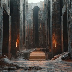 Aufkleber - Ascending to the Light: Illuminated Steps in a Dark, Monumental Stone Hallway with Architectural Ruins
