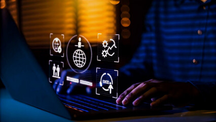 Computer virus alert with laptop and keyboard showing digital code and network concepts