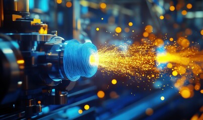 Wall Mural - textile machinery producing vibrant blue and yellow yarn with sparks.