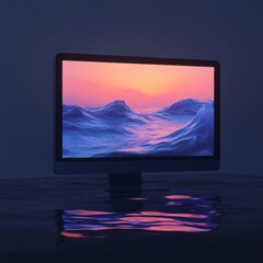 Leinwandbilder - Oceanic Dreams: A Modern Computer Displaying Waves at Sunset, Reflected in Water Below