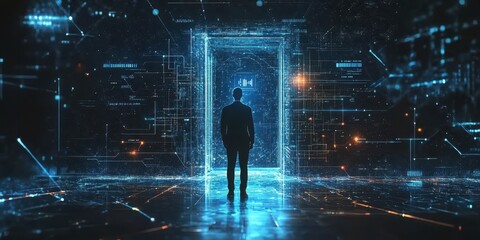 exploring a digital portal with glowing patterns and abstract technology elements in a futuristic se